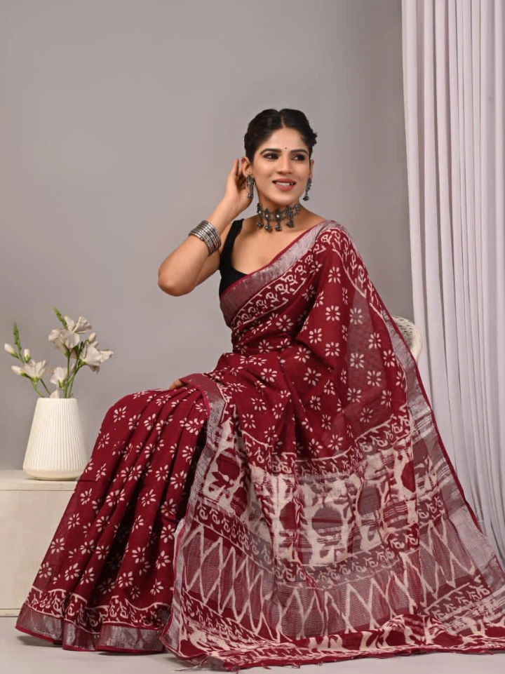 trusty maroon block print pure linen saree with blouse — linen sarees online Bagru SA Fab