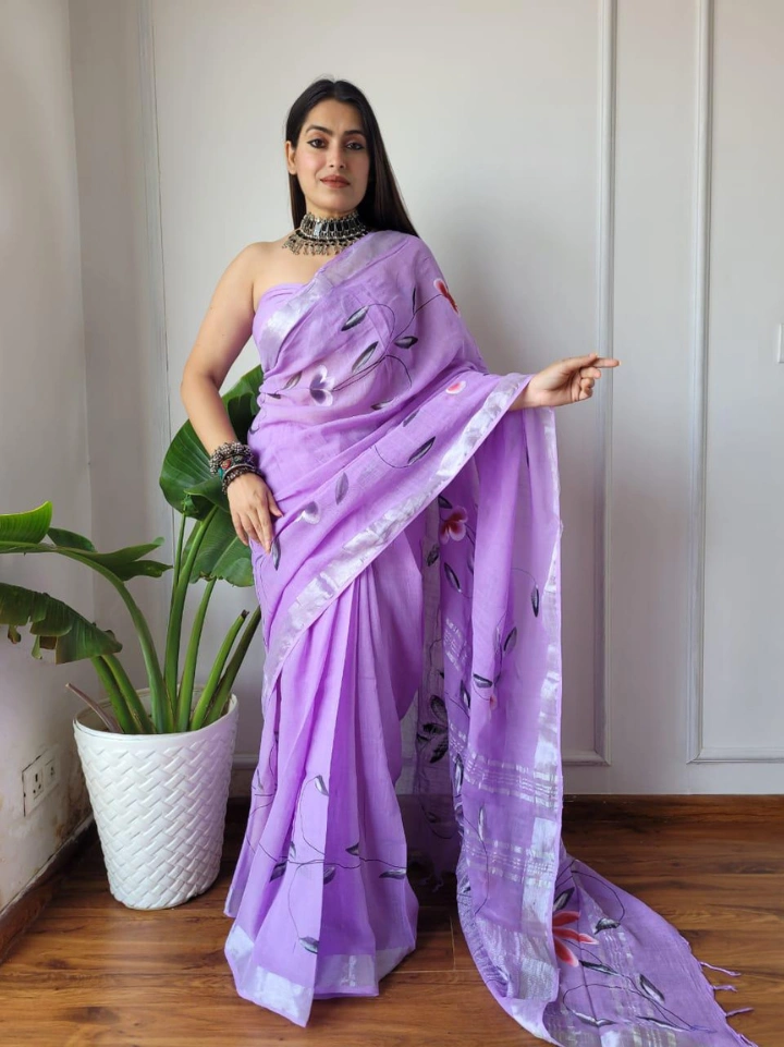 blue floral hand painted pure linen saree with blouse — artisan linen saree Bagru SA Fab