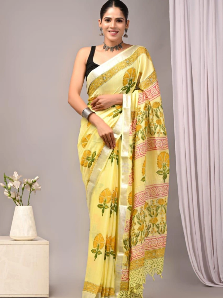 kawaii yellow tree print pure linen saree with blouse — handcrafted linen saree Bagru SA Fab