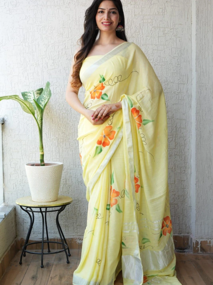 off white hand painted floral pure linen saree with blouse — artisan linen saree SA Fab