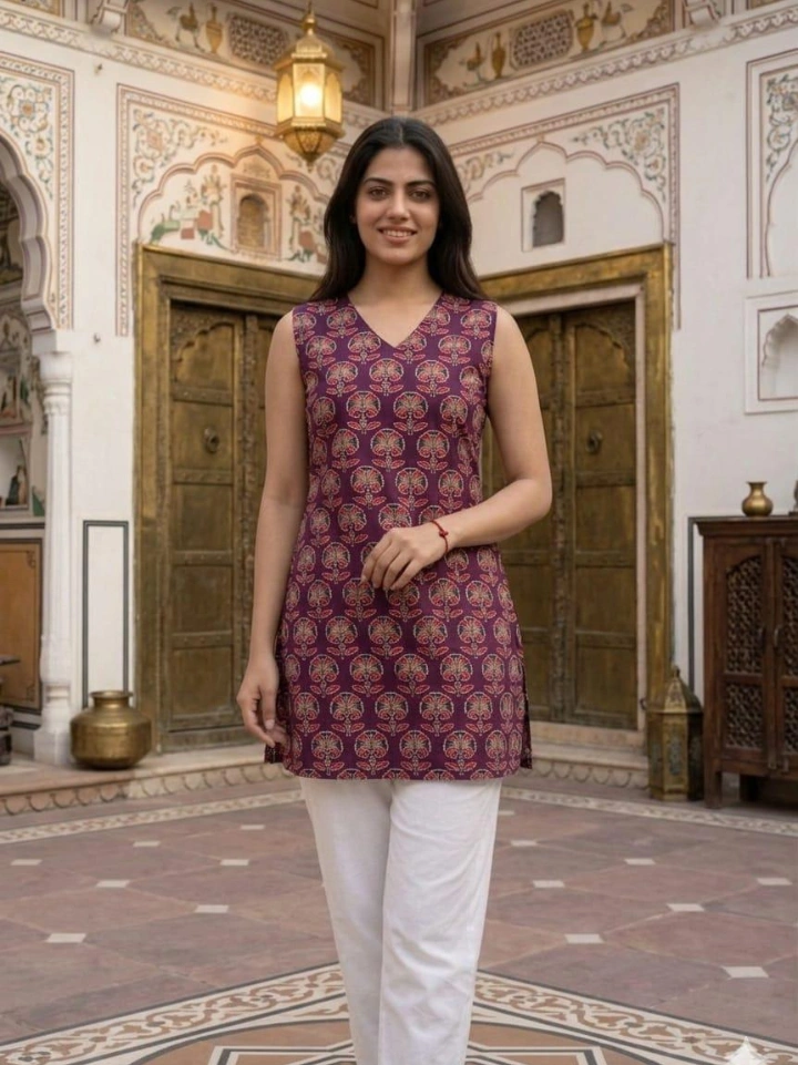 earth brown floral print sleeveless short kurti — pure cotton hand block printed Bagru Jaipur SA Fab