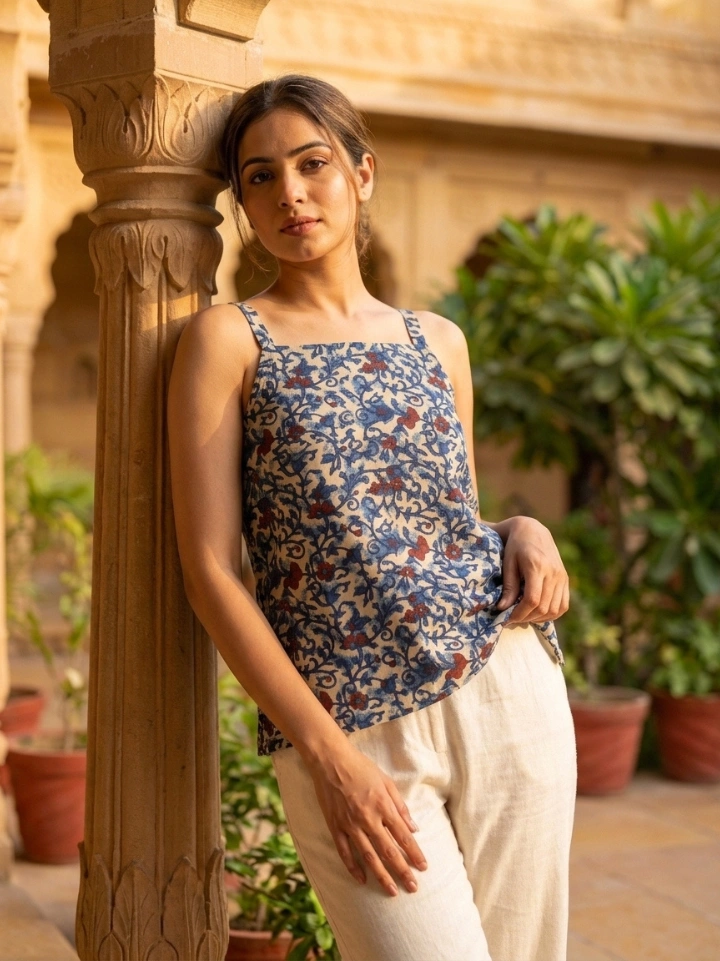 white floral spaghetti top — pure cotton hand block printed Bagru Jaipur SA Fab