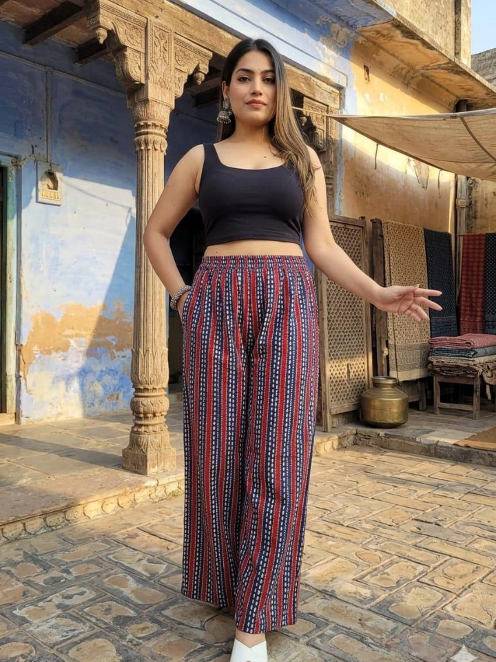 navy blue striped palazzo pants — cotton hand block printed Bagru Jaipur SA Fab
