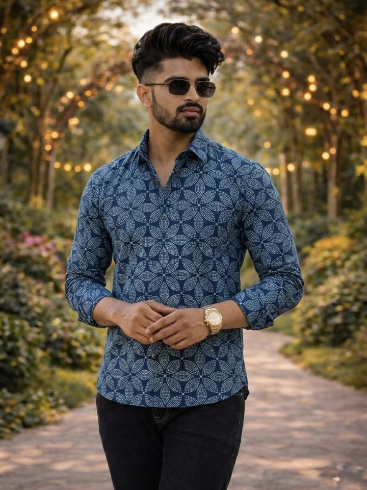 uniform blue floral print shirt – pure cotton hand block printed men's shirt Bagru Jaipur SA Fab