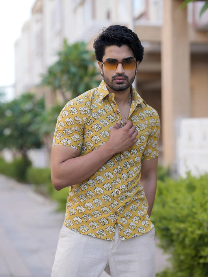 metallic brass small motif Sanganeri print half sleeve shirt for men – pure cotton hand block printed Jaipur SA Fab