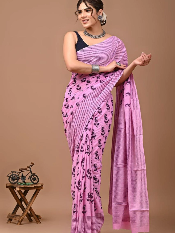 Rosy pink traditional motif print party wear cotton saree – pure cotton hand block printed Bagru Jaipur SA Fab