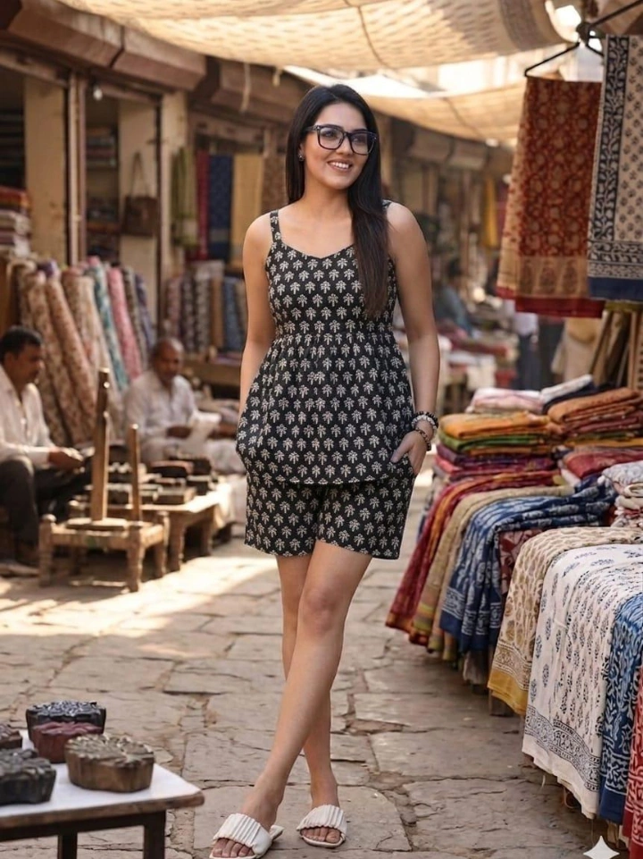 black traditional motif block print co-ord set — pure cotton hand block printed Bagru Jaipur SA Fab