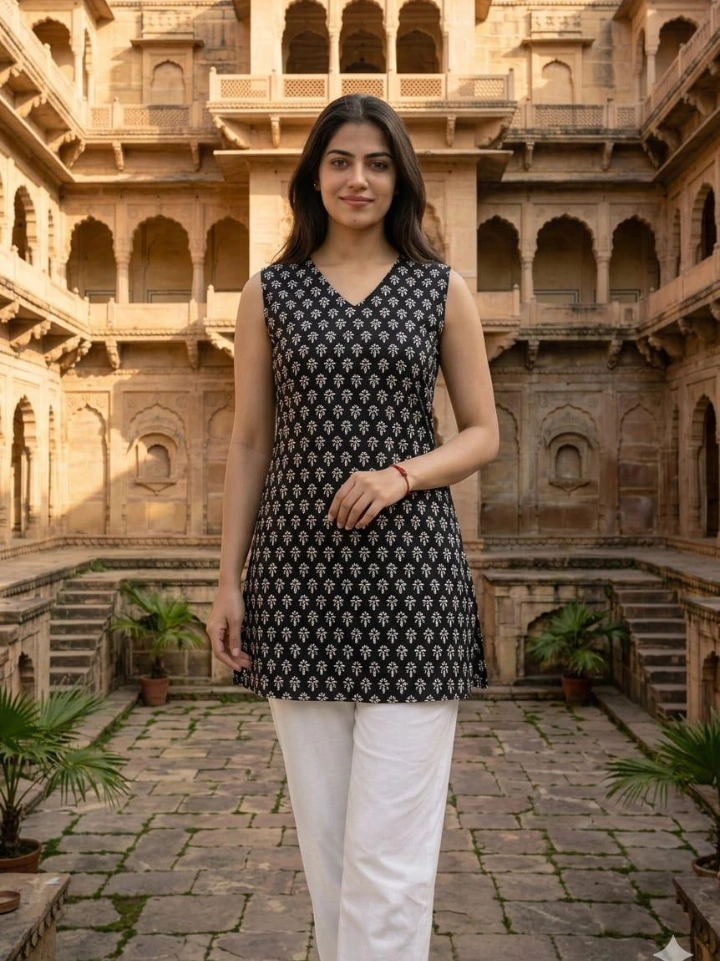 black small motif print sleeveless short kurti — pure cotton hand block printed Bagru Jaipur SA Fab