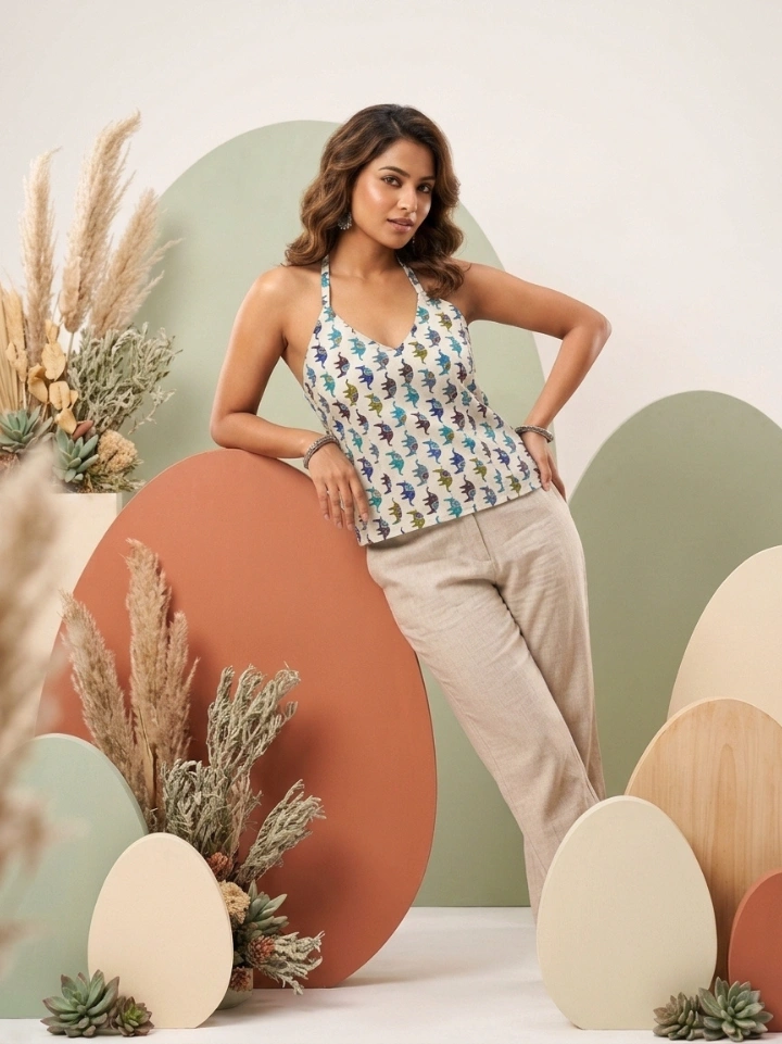 white elephant motif halter neck crop top — pure cotton hand block printed Bagru Jaipur SA Fab