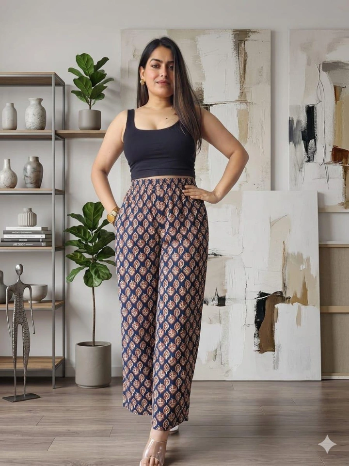 indigo grey traditional motif indian palazzo pants — cotton hand block printed Bagru Jaipur SA Fab