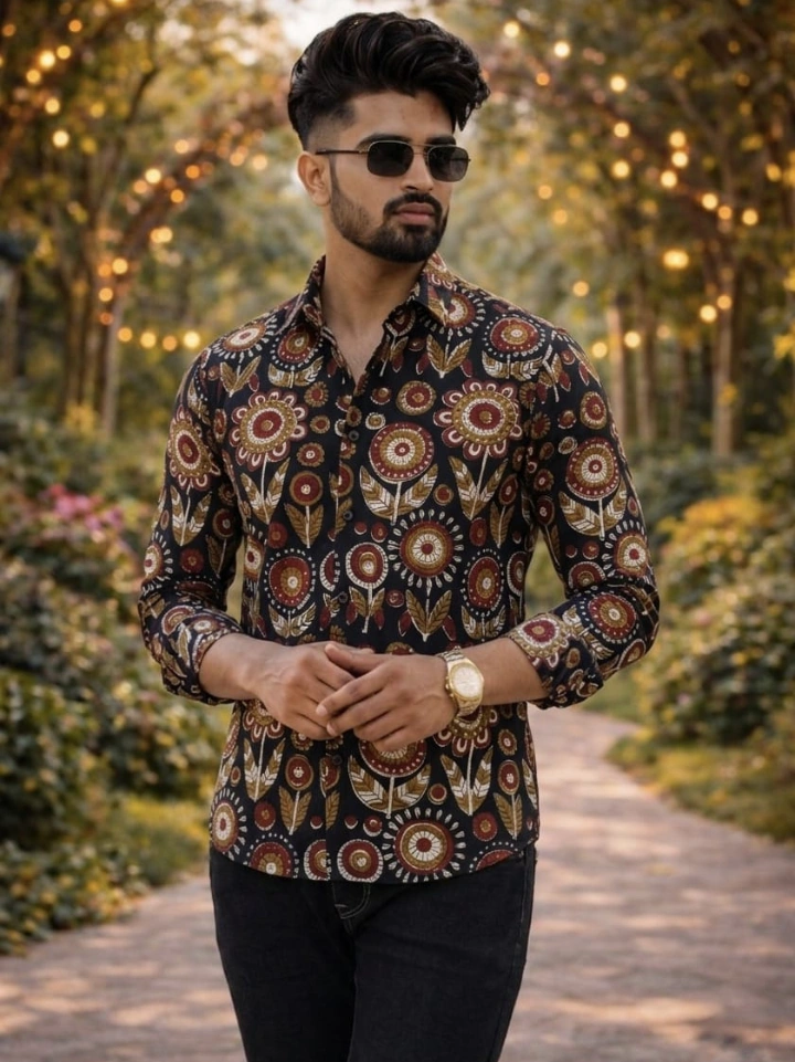 black traditional floral motif print shirt – pure cotton hand block printed men's shirt Bagru Jaipur SA Fab