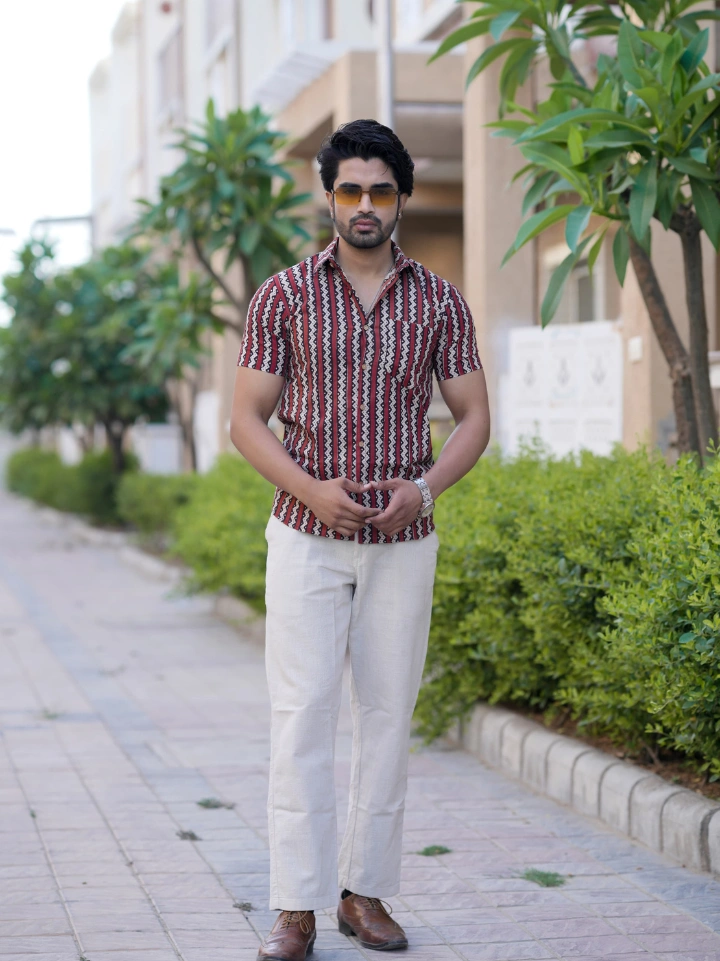 black magenta zig zag Jaipuri print half sleeve shirt for men – pure cotton hand block printed Jaipur SA Fab