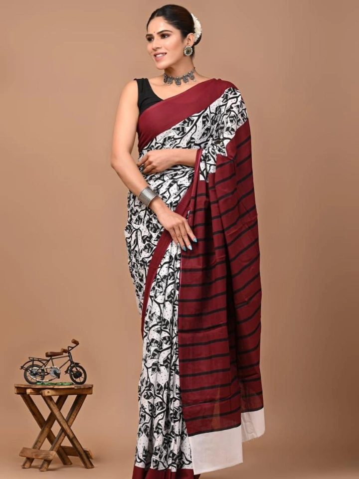 Cherry wine leaf print cotton border saree – pure cotton hand block printed Bagru Jaipur SA Fab