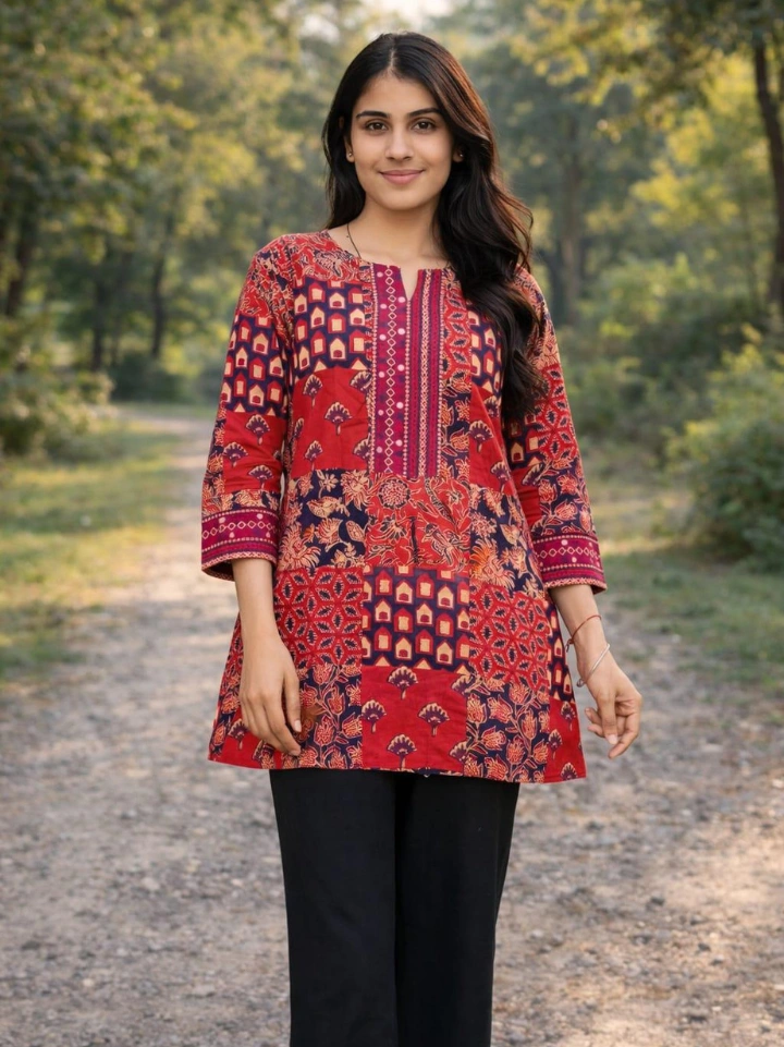 patchwork print short kurti with 3/4 sleeves — pure cotton hand block printed Bagru Jaipur SA Fab