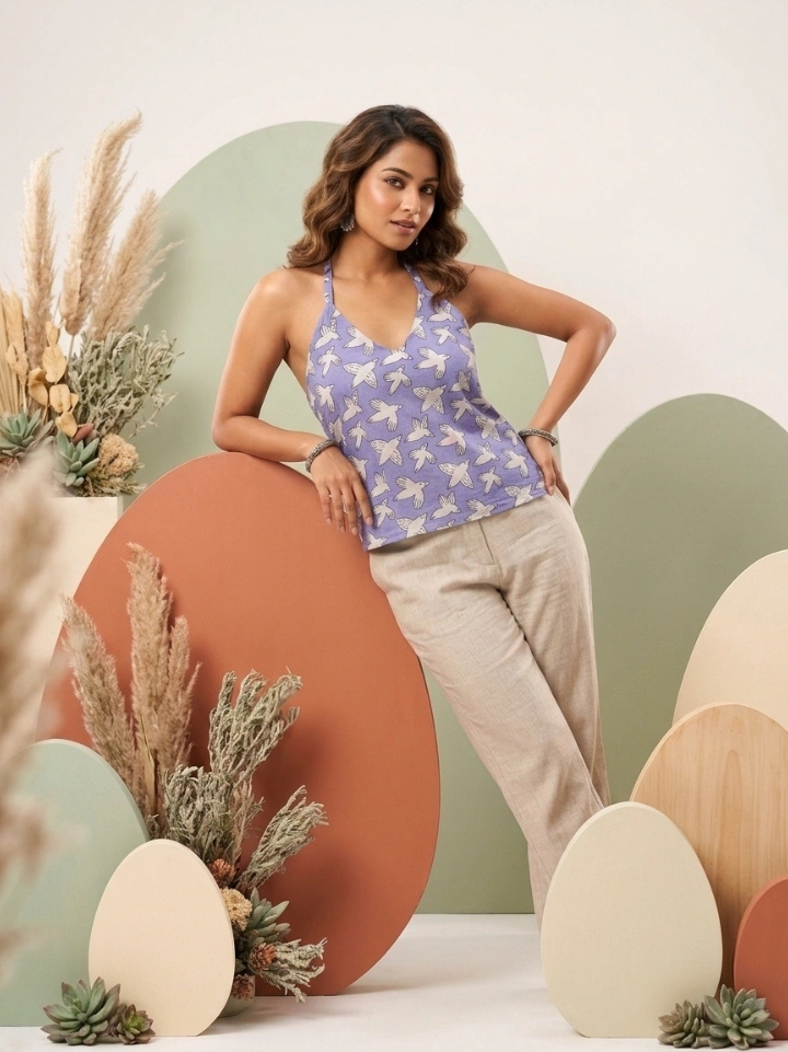 pink bird print halter neck crop top — pure cotton hand block printed Bagru Jaipur SA Fab