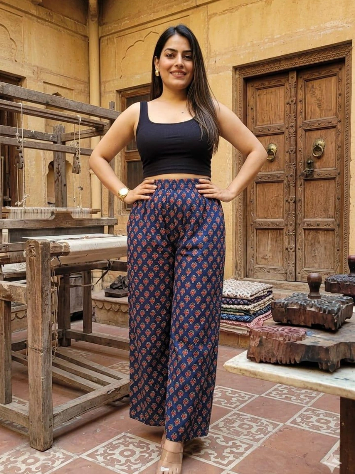 royal blue traditional motif palazzo pants — cotton hand block printed Bagru Jaipur SA Fab