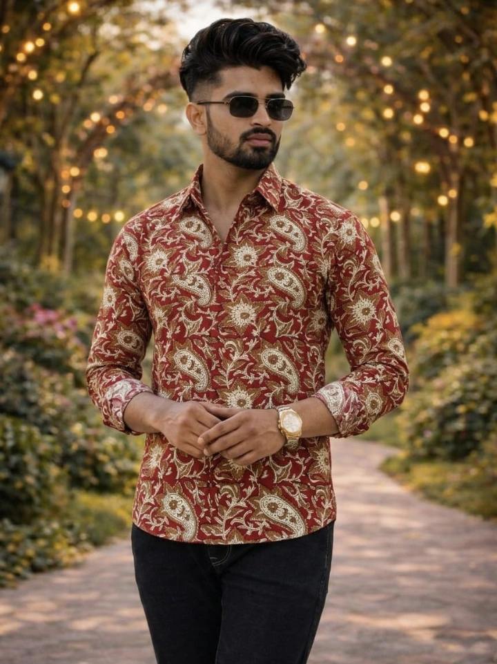 dark reddish brown traditional block print shirt – pure cotton hand block printed men's shirt Bagru Jaipur SA Fab