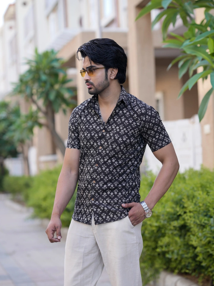 black small motif half sleeve shirt for men – pure cotton hand block printed Jaipur SA Fab