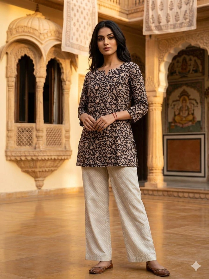 deep blue printed short kurti with 3/4 sleeves — pure cotton hand block printed Bagru Jaipur SA Fab