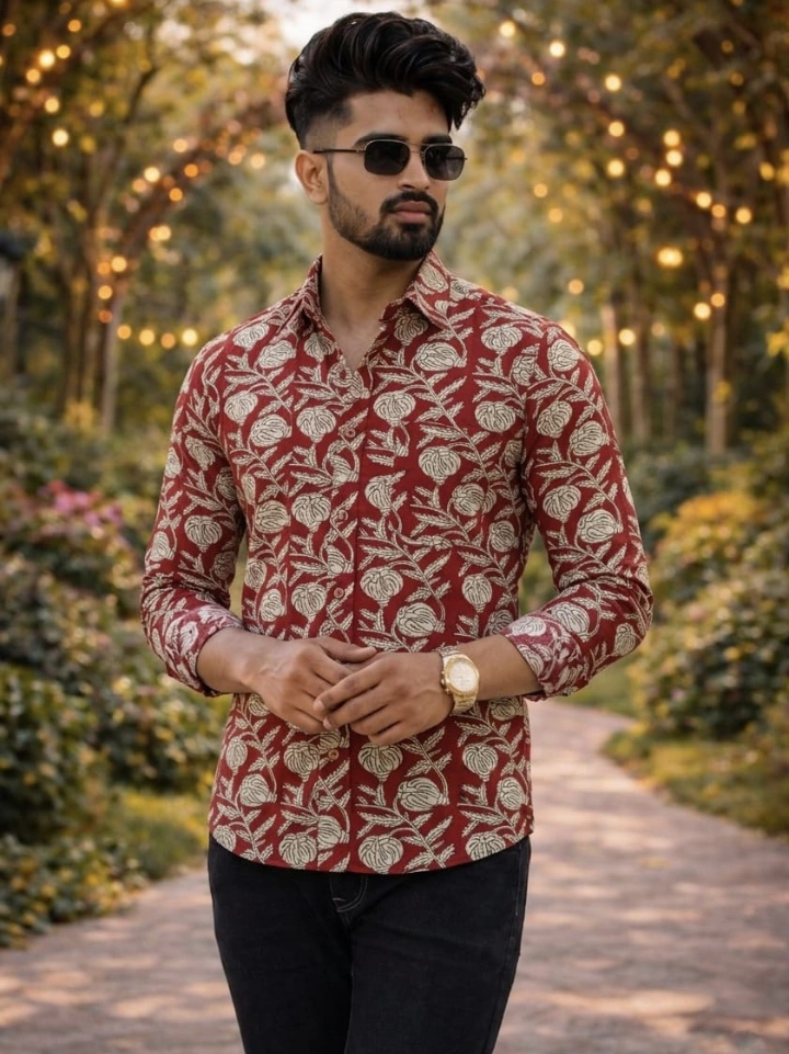 maroon floral print shirt – pure cotton hand block printed men's shirt Bagru Jaipur SA Fab