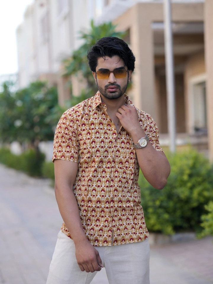 wood brown small floral motif half sleeve shirt for men – pure cotton hand block printed Jaipur SA Fab
