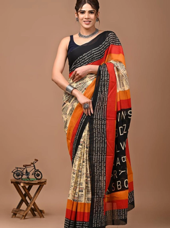 Beige alphabet print cotton saree with red black border – pure cotton hand block printed Bagru Jaipur SA Fab