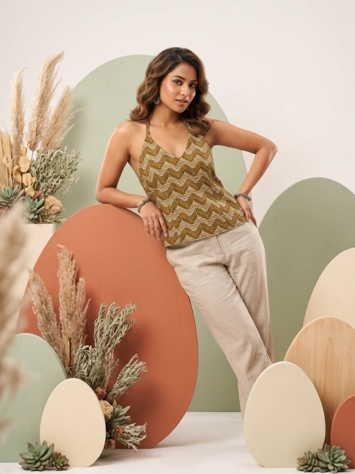 green zigzag print halter neck crop top — pure cotton hand block printed Bagru Jaipur SA Fab