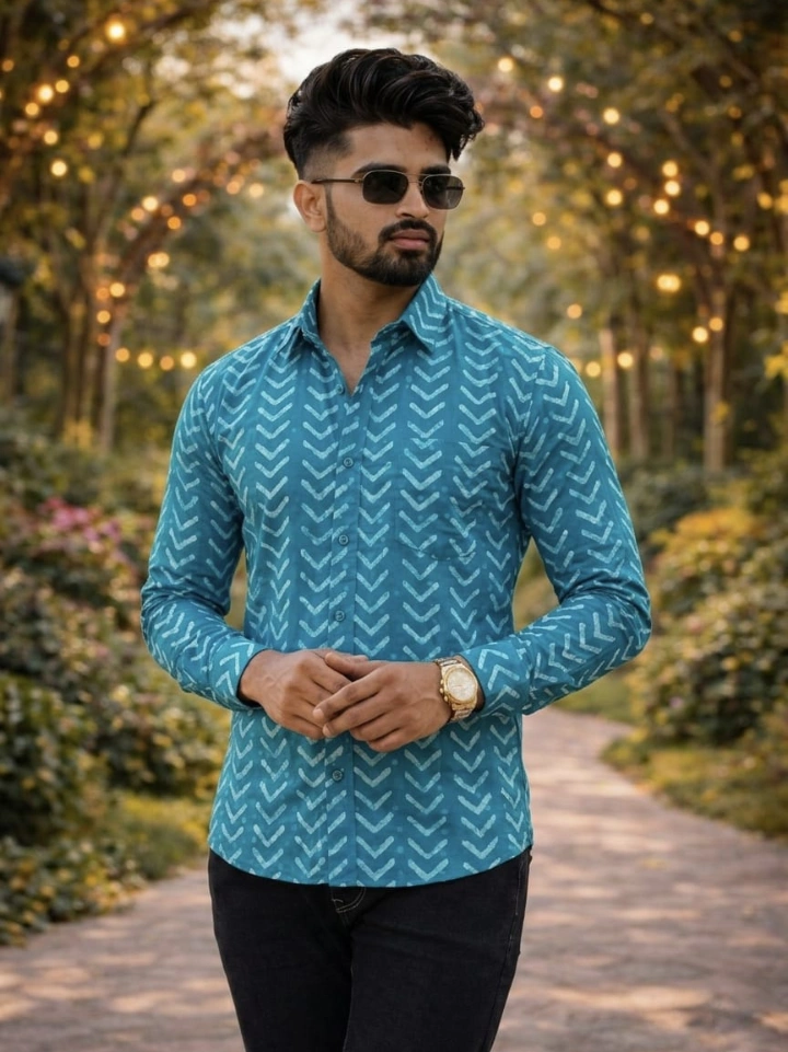medium teal blue geometric print shirt – pure cotton hand block printed men's shirt Bagru Jaipur SA Fab
