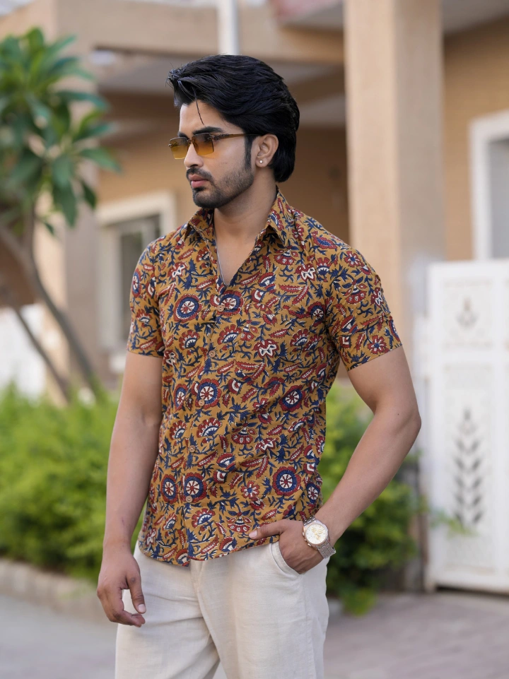 yellowish brown earth tone floral half sleeve shirt for women – pure cotton hand block printed Jaipur SA Fab