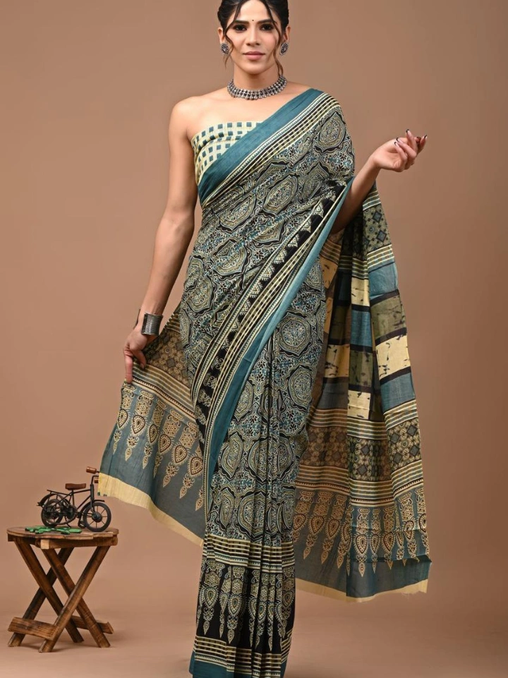 Slate blue heritage print cotton saree – pure cotton hand block printed Bagru Jaipur SA Fab