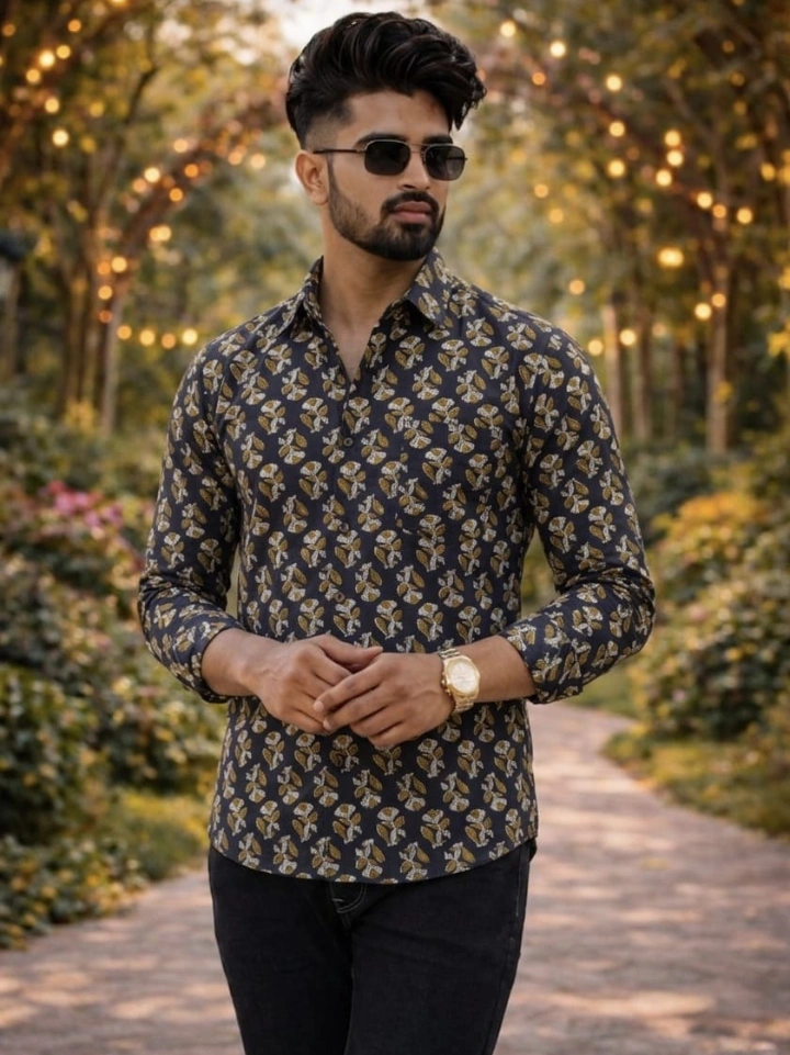 dark grayish blue small floral motif shirt – pure cotton hand block printed men's shirt Bagru Jaipur SA Fab