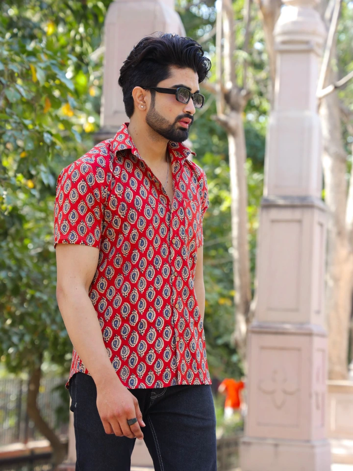 red traditional motif half sleeve shirt for men – pure cotton hand block printed Jaipur SA Fab