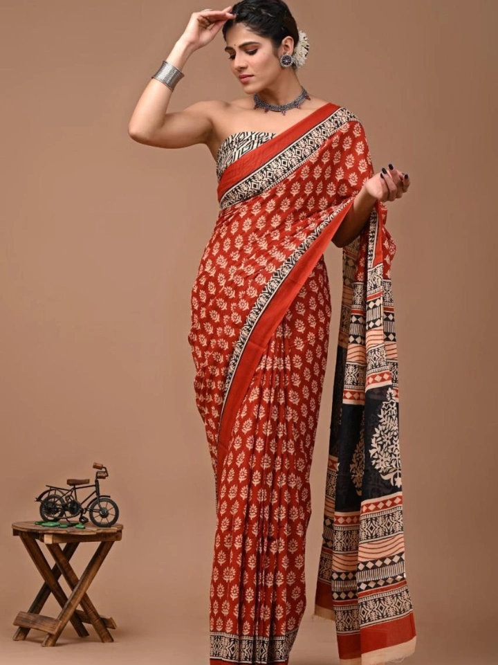 Ketchup red small motif print cotton saree – pure cotton hand block printed Bagru Jaipur SA Fab