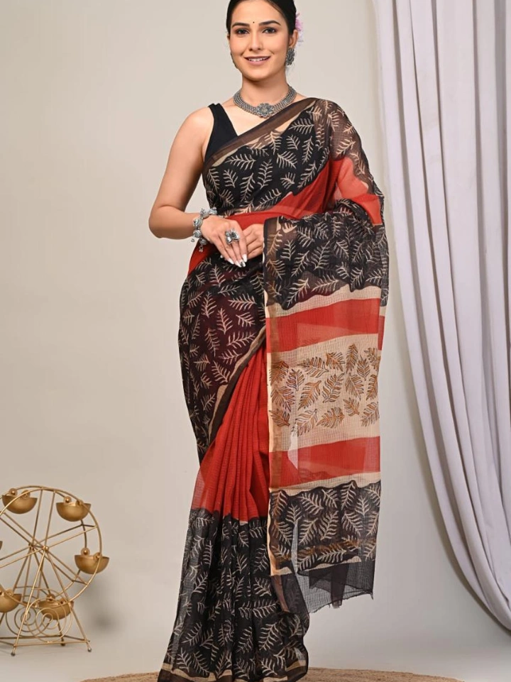 Ajrakh Printed Kota Doria Saree for Women