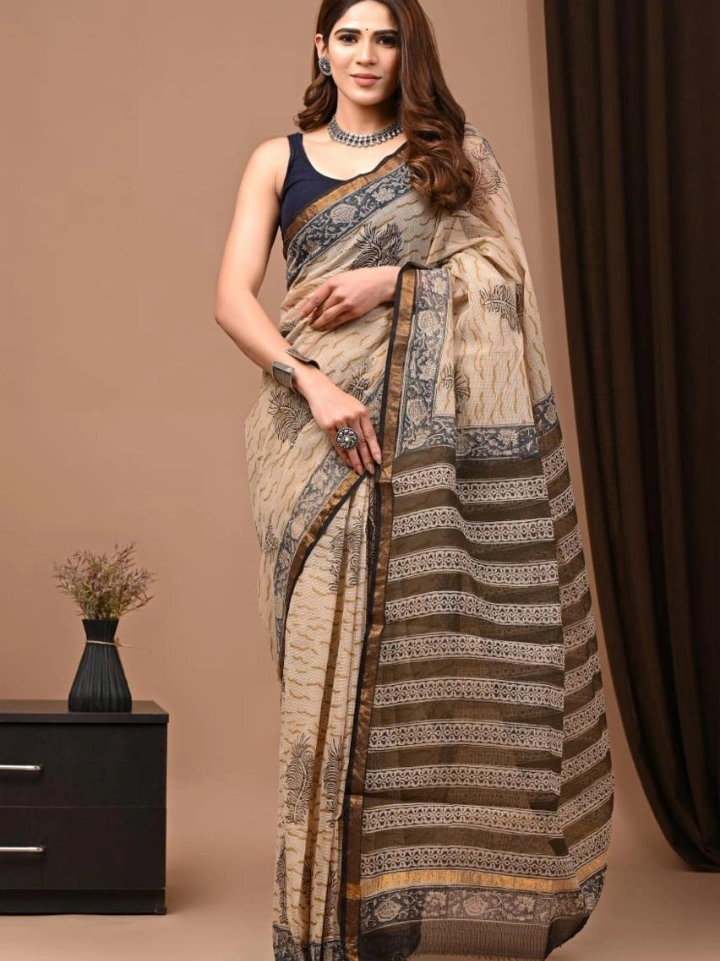Ajrakh Printed Kota Doria Saree for Women