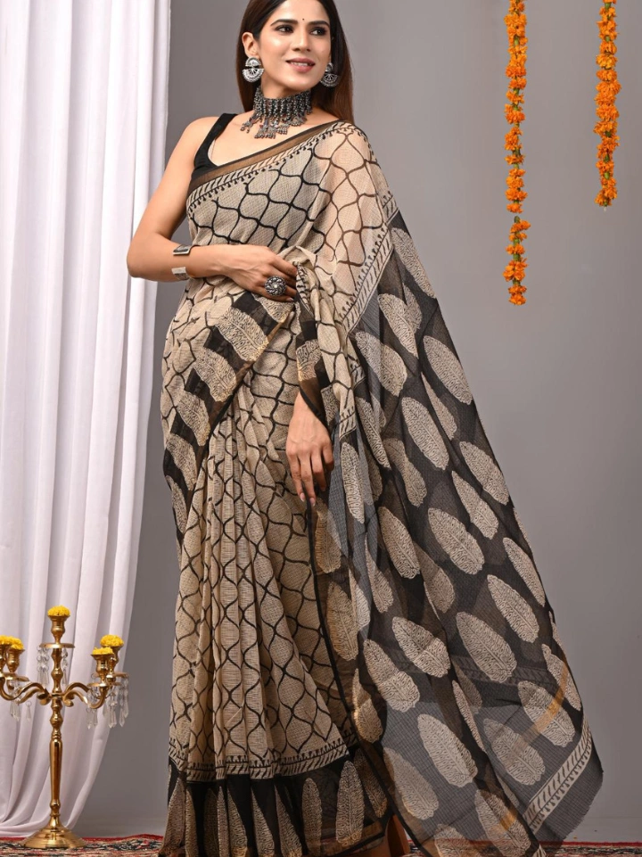 Ajrakh Printed Kota Doria Saree for Women