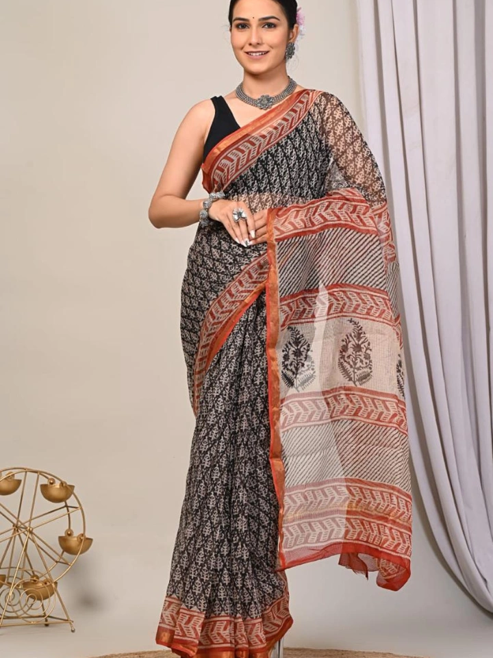Ajrakh Printed Kota Doria Saree for Women