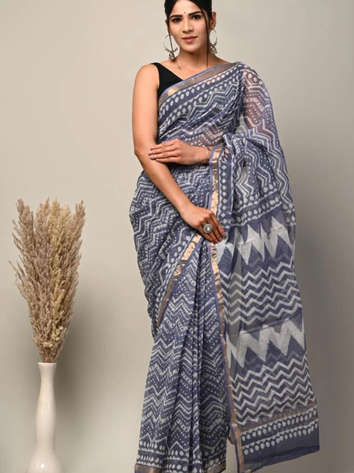 Ajrakh Printed Kota Doria Saree for Women