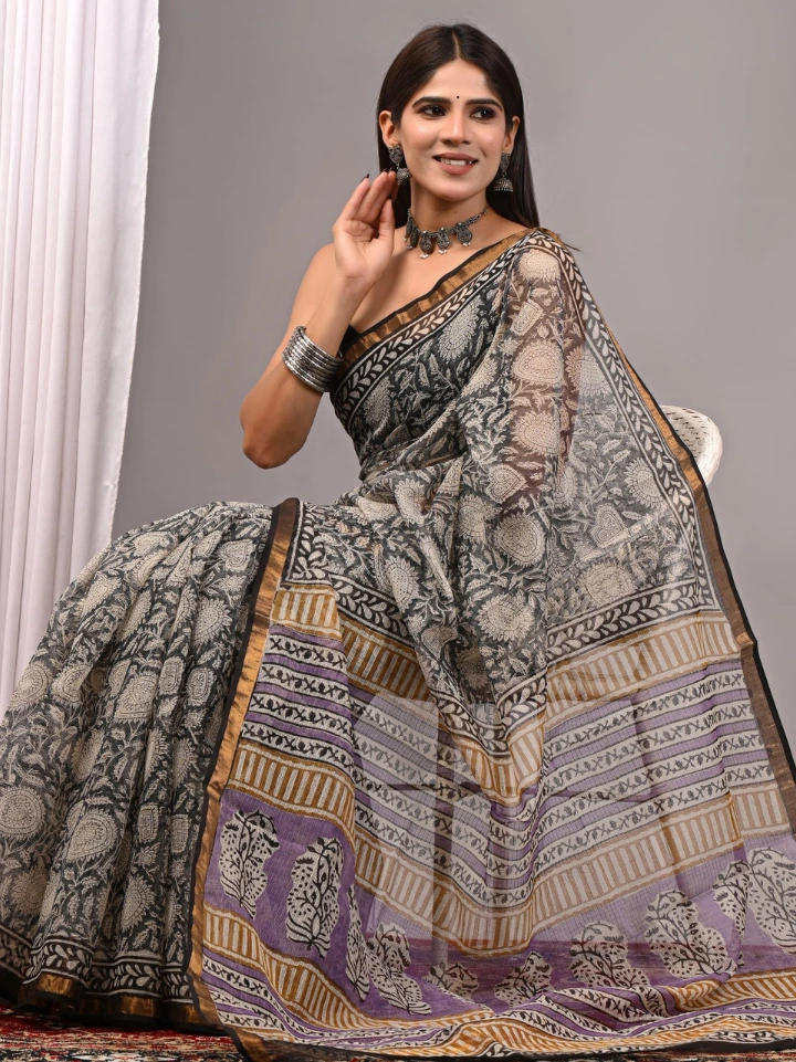 Ajrakh Printed Kota Doria Saree for Women