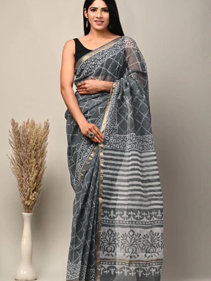 Ajrakh Printed Kota Doria Saree for Women