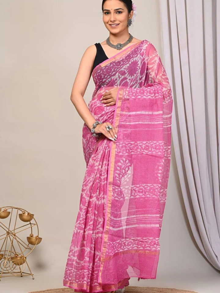 Ajrakh Printed Kota Doria Saree for Women