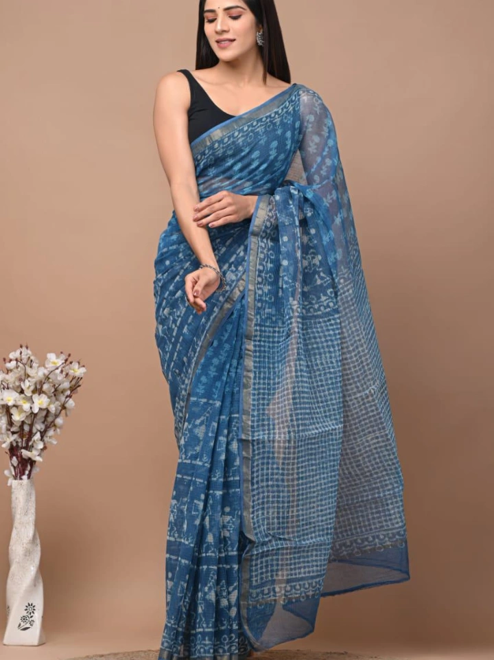 Ajrakh Printed Kota Doria Saree for Women