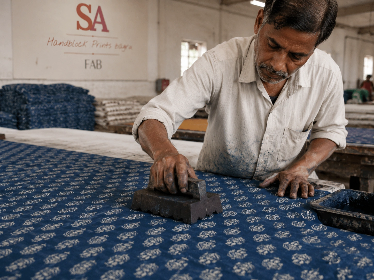 Artisan hand block printing fabric in Bagru, Rajasthan
