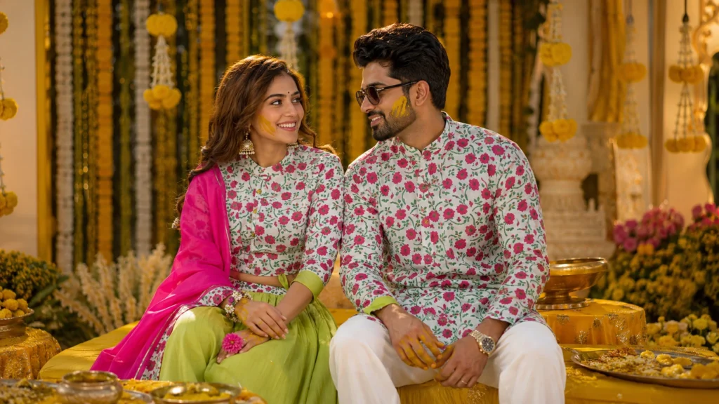 couple wearing coordinated hand block printed cotton outfits Haldi function Bagru SA Fab