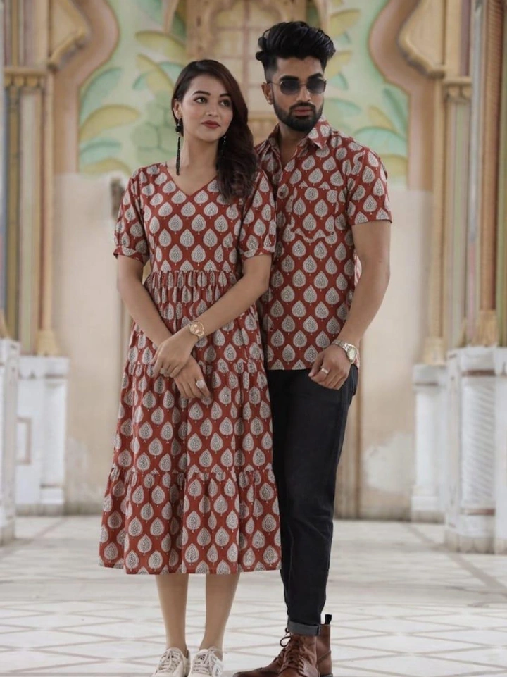 Mahogany red leaf print matching dress for siblings – pure cotton hand block printed half shirt and one piece, Bagru Jaipur SA Fab