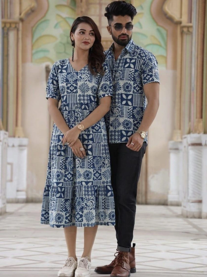 Indigo Bagru hand block printed cousins matching dress in pure cotton – mosaic print shirt and one piece combo | SA Fab