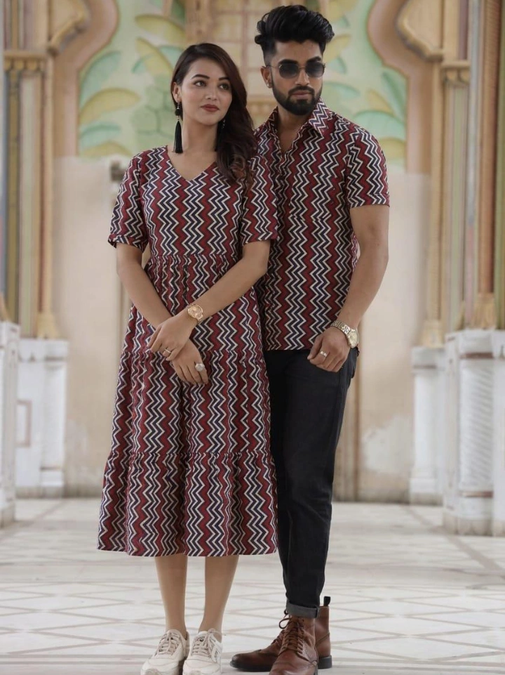Black Coffee Bagru hand block printed matching dresses for cousins in pure cotton – zigzag print shirt and one piece combo | SA Fab