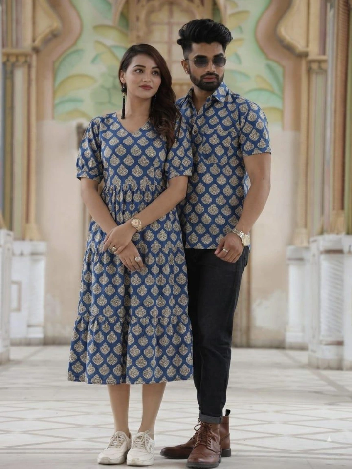 Indigo Bagru hand block printed twinning dress for brother and sister in pure cotton – small motif shirt and one piece combo | SA Fab