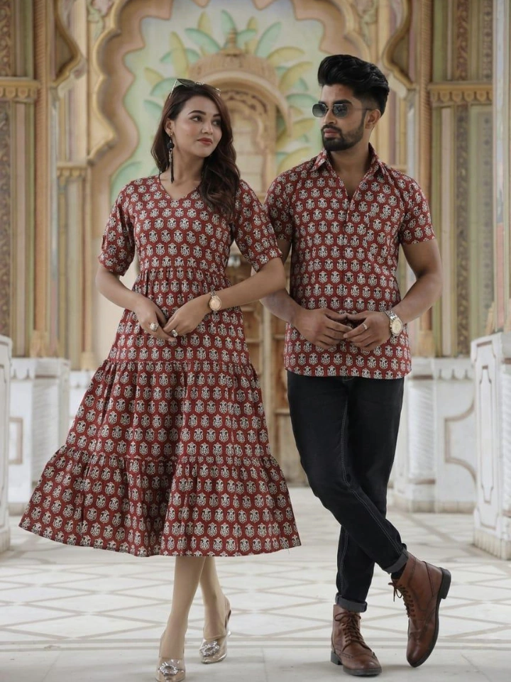Cherry Oak Bagru hand block printed matching sibling dresses in pure cotton – brother half shirt and sister one piece | SA Fab