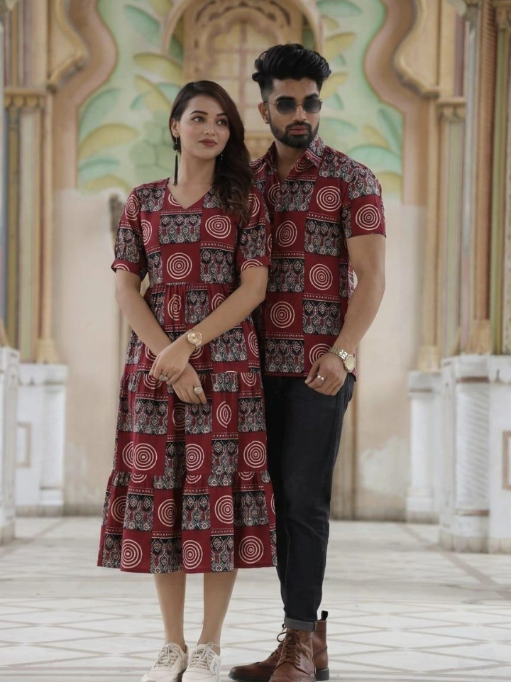 Deep Red Bagru hand block printed sibling matching outfits India in pure cotton – brother half shirt and sister one piece | SA Fab